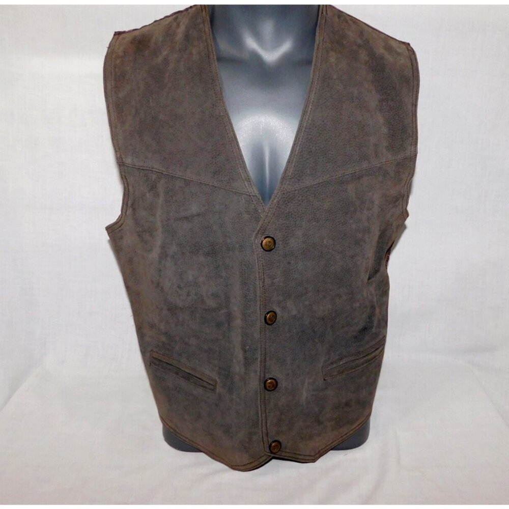 VTG Brown Leather Suede vest New York Classics Oklahoma Buttons Mens M